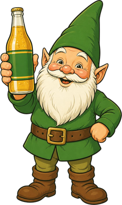 Smiling garden gnome holding up a bottle of ginger ale