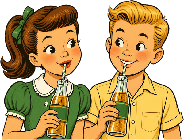 Two 1950s kids sipping soda from glass bottles